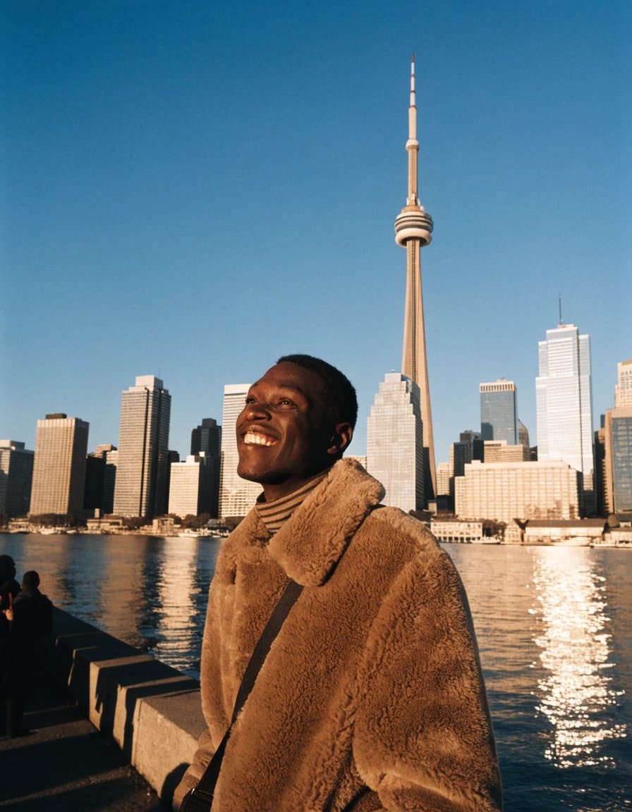 A young Ghanaian man smiling on the Toronto waterfront in winter sun, the CN Tower and skyline behind him.
