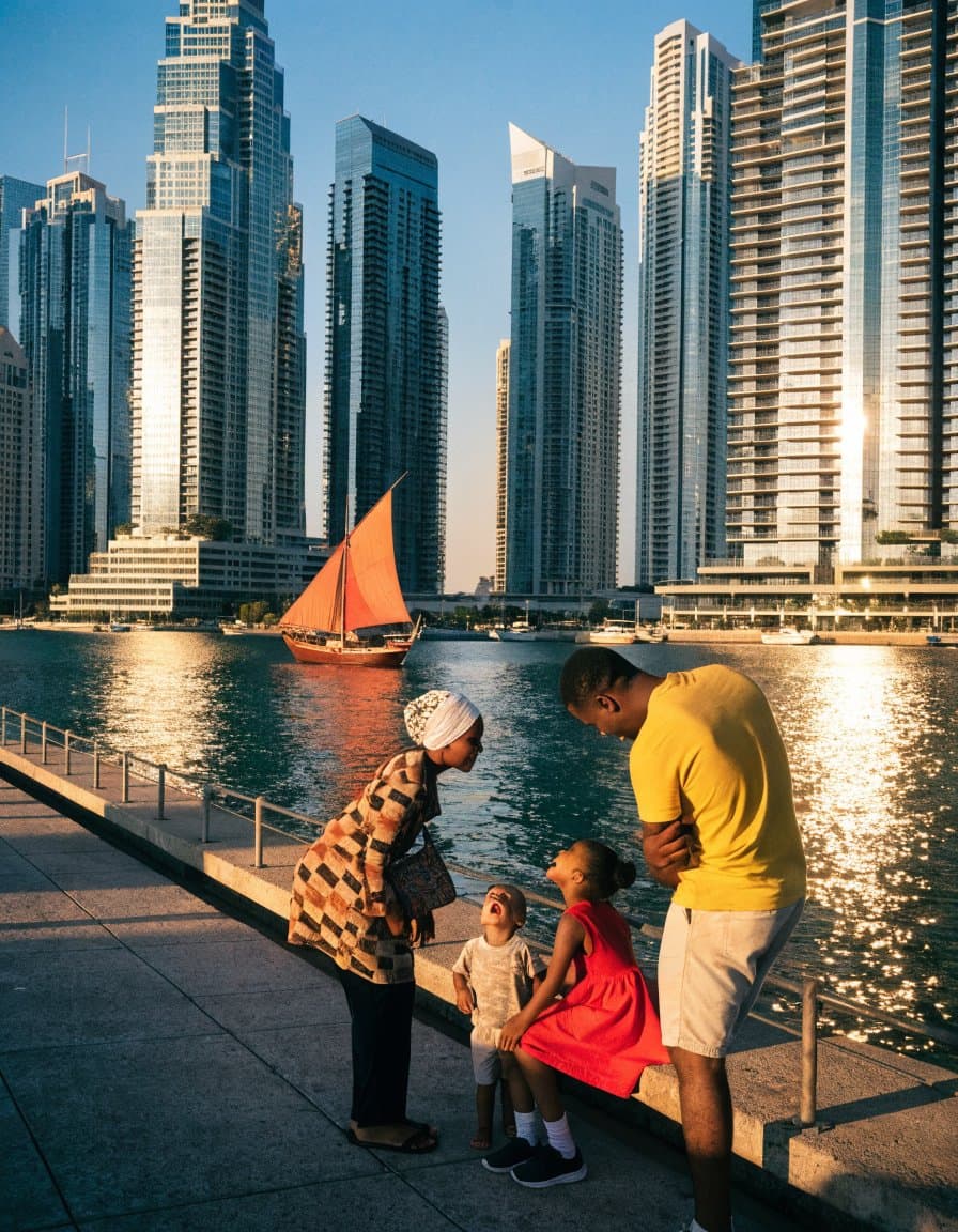 A Ghanaian family on the Dubai Marina boardwalk at golden hour, a traditional dhow sailing past the towers behind them.