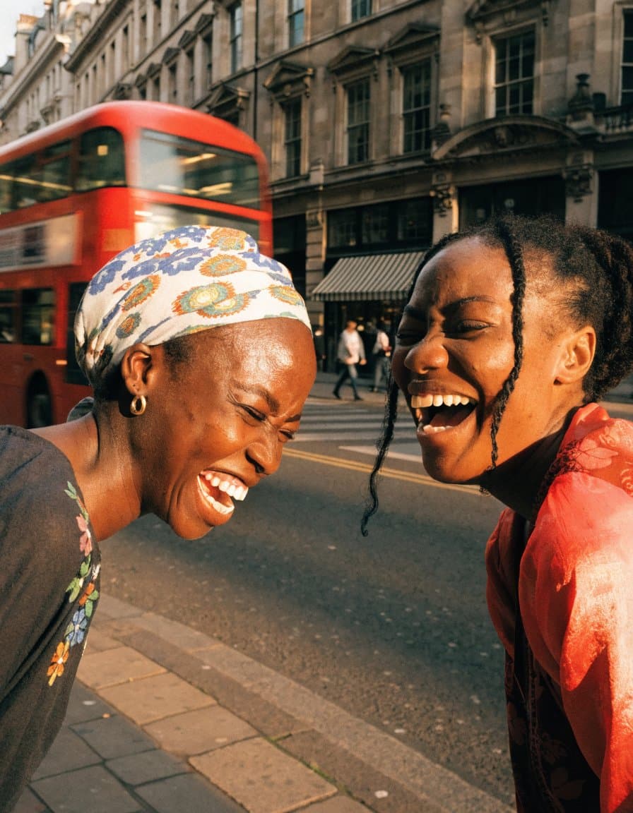 Two Ghanaian women laughing together on a sunlit London street as a red double-decker bus passes behind them.