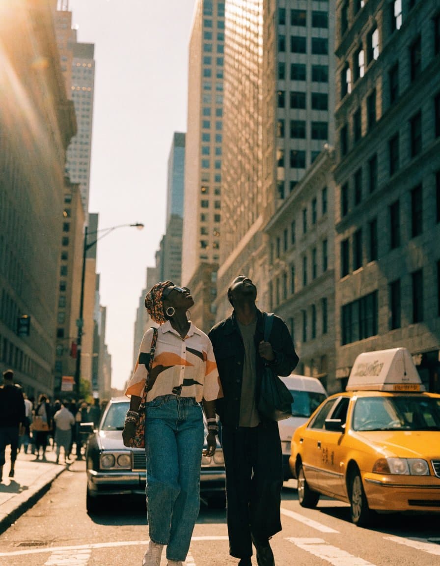 A Ghanaian couple walking a New York avenue in golden hour, yellow cabs and tall buildings around them.